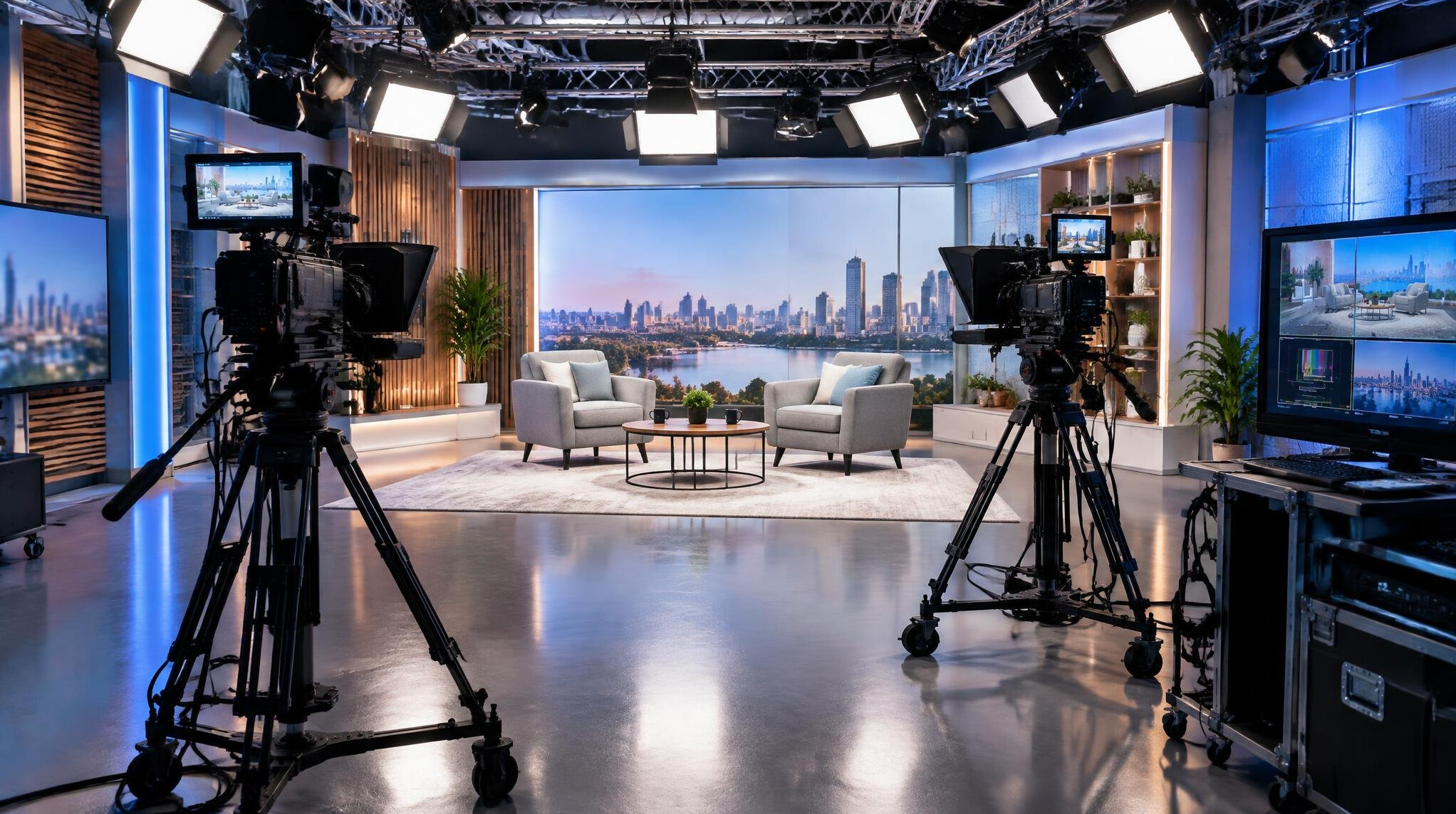 Film and broadcast set with professional cameras and lighting rigs