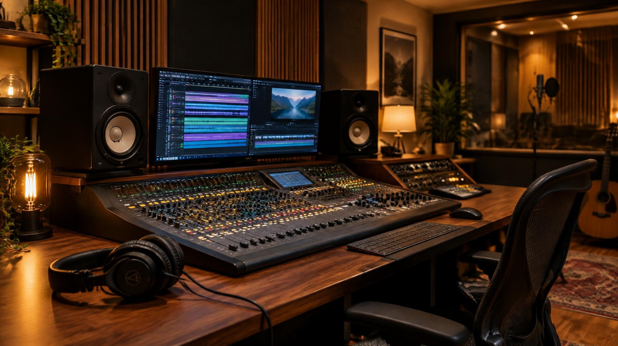 Audio and video studio with mixing desk and headphones