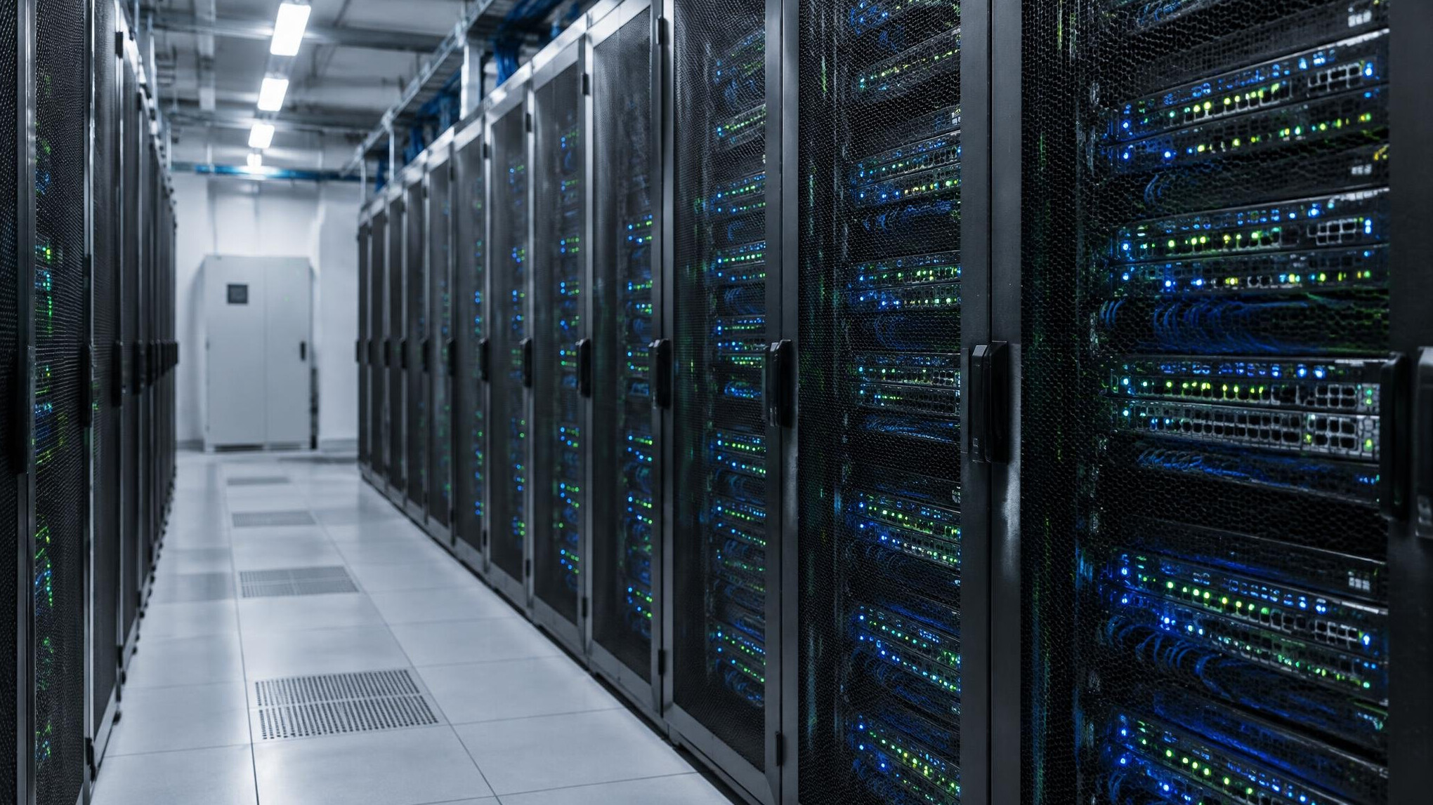 Rows of server racks with blinking network lights